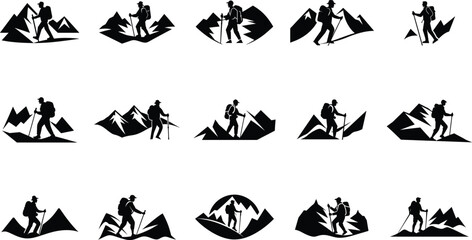 Man Silhouette Hiking Set, Outdoor Adventure Poses, Trekking and Climbing Illustrations, Wilderness Explorer Art