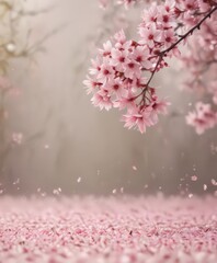 Naklejka premium Delicate pink sakura petals drift on a soft-focus spring background , close-up, pastel