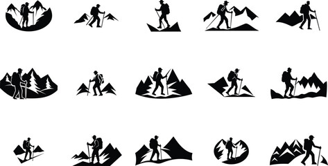Man Silhouette Hiking Set, Outdoor Adventure Poses, Trekking and Climbing Illustrations, Wilderness Explorer Art