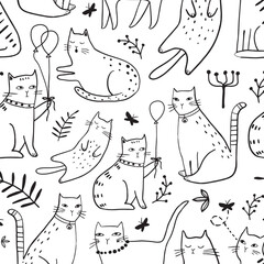 Seamless pattern with cute Kittens in diferent style. Creative childish texture. Great for fabric, textile Vector Illustration
