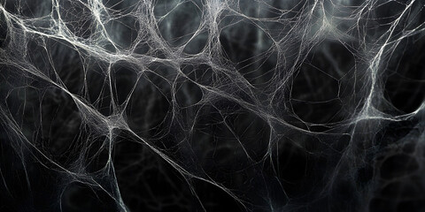 Real creepy spider webs hanging on black banner.