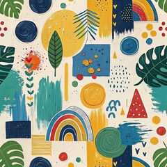 Creative seamless pattern with abstract brushwork, geometric forms and whimsical illustrations for versatile use
