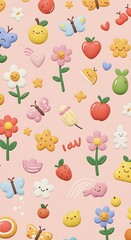 Pastel Joy: Whimsical Flower & Fruit Illustration AI Generated