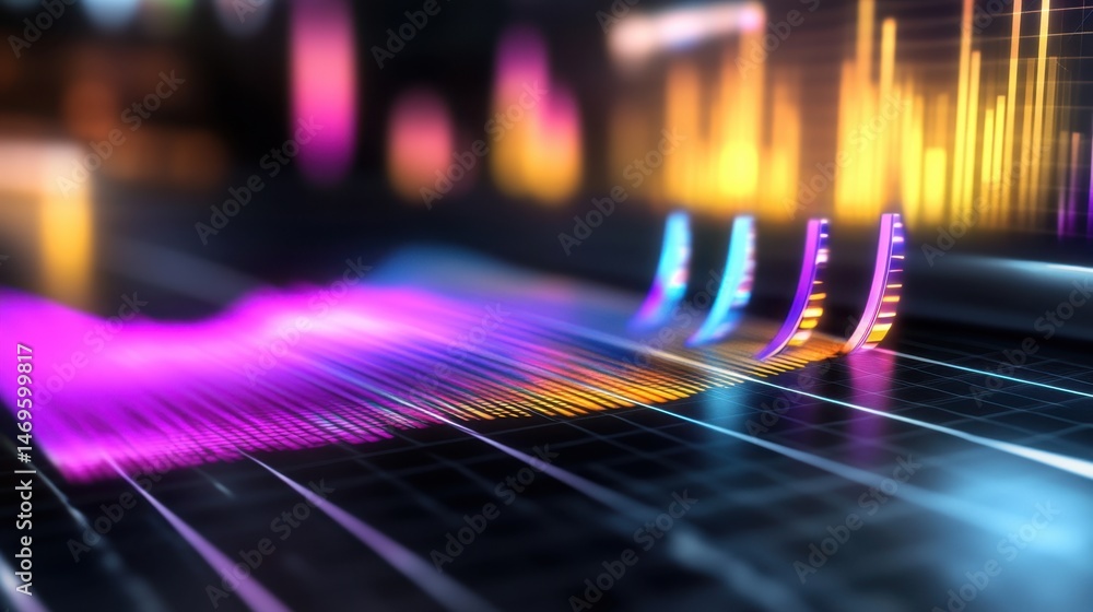 Poster music visualizer concept with 3d equalizer bars and sound waves flowing across the screen