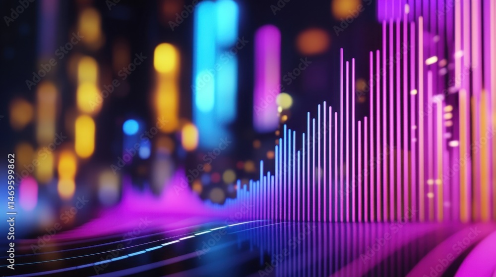 Poster music visualizer concept with 3d equalizer bars and sound waves flowing across the screen