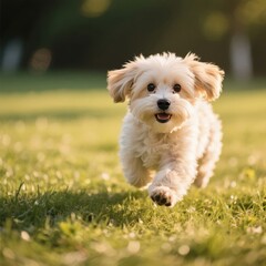 A small, fluffy dog running on a grassy field in the sunlight