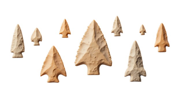 Collection of ancient stone arrowheads displayed.