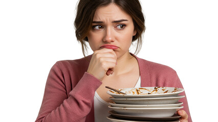 Woman looking at a stack of dirty dishes