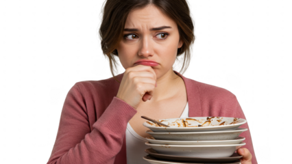 Woman looking at a stack of dirty dishes