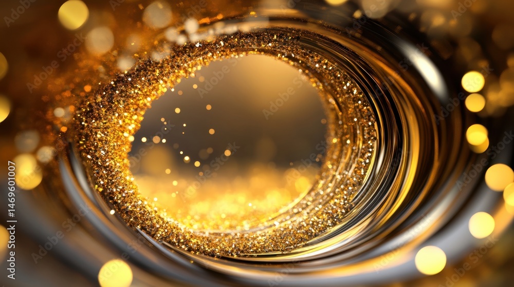 Poster opulent golden background with smooth swirls and sparkling bokeh overlays
