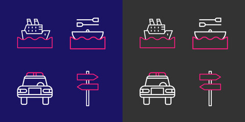 Set line Road traffic signpost, Police car and flasher, Boat with oars and Cruise ship icon. Vector