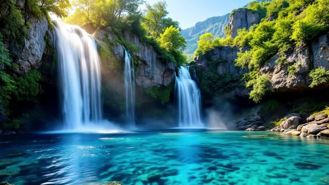 Stunning waterfall cascading into a turquoise pool, surrounded by lush greenery A breathtaking vista of cascading waterfalls plunging into a crystal-clear, turquoise pool nestled amidst dense, vibrant