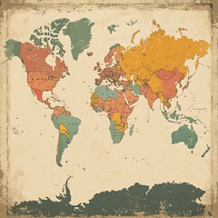 Obraz premium Vintage world map illustration with country borders on antique background. Use education