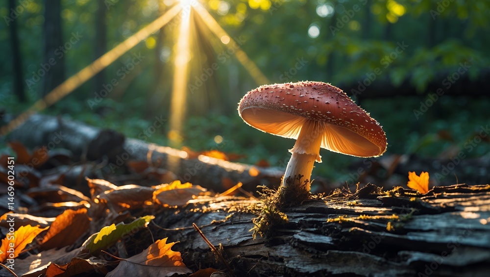 Poster mushroom growing on log in forest with sunlight streaming through trees