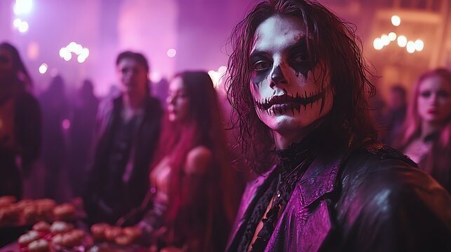 Elegant lady smiling near feast pictures