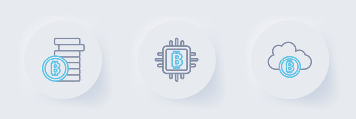 Set line Cryptocurrency cloud mining, CPU farm and Bitcoin icon. Vector
