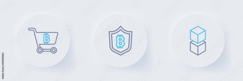 Poster set line blockchain technology, shield with bitcoin and shopping cart icon. vector