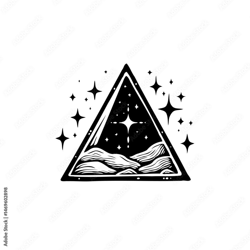 Poster abstract celestial landscape within a triangular frame, minimalist design