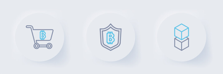 Set line Blockchain technology, Shield with bitcoin and Shopping cart icon. Vector