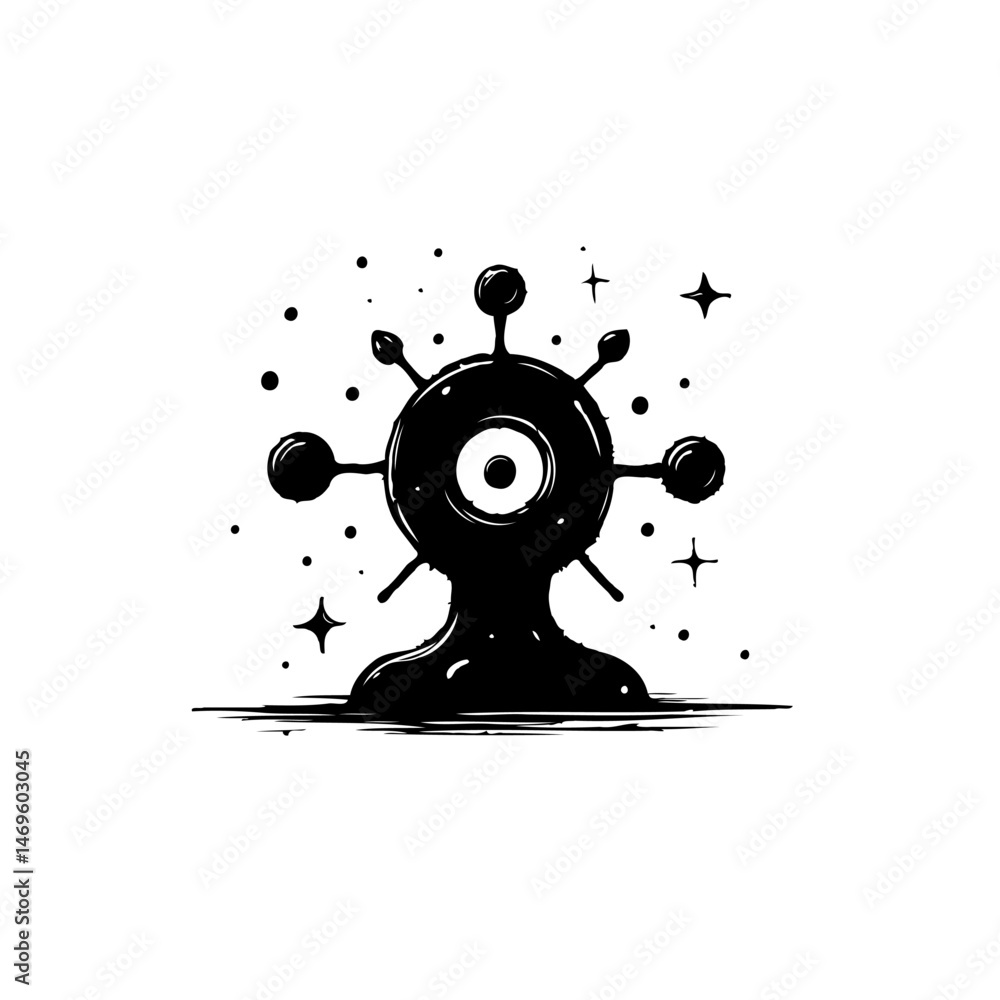 Poster abstract cyclops form with celestial elements on surreal black and white canvas