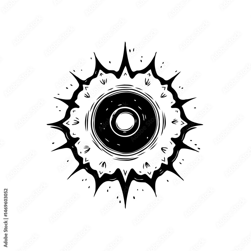 Poster abstract circular design with spiky elements and intricate linework illustration