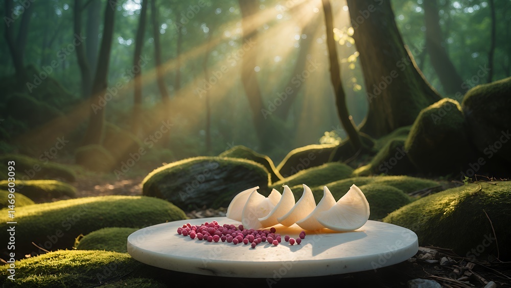 Poster arrangement with white slices and red berries in forest setting
