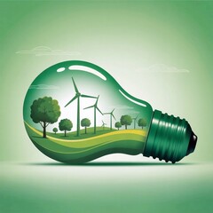 Energy-efficient light bulb with windmills: image shows a green light bulb containing a landscape with green hills, trees, and wind turbines, symbolizing clean energy and energy efficiency