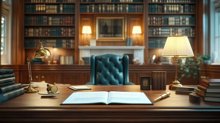 Elegant library office interior, featuring a rich wooden desk, leather chair, and bookshelves
