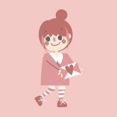 cute and lovely girl holding love letter with heart shape sticker, happy valentines day, birthday, love concept, flat vector illustration cartoon character costume design