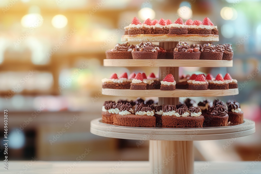 Poster a beautifully arranged tiered display of assorted cupcakes and pastries in a cozy caf? setting