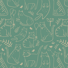 Seamless pattern with cute Kittens in diferent style. Creative childish texture. Great for fabric, textile Vector Illustration
