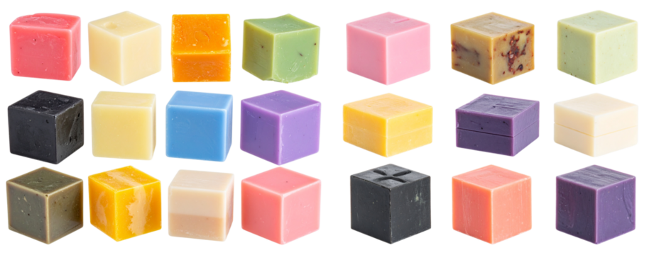 Handmade soap cubes of different colors and shapes, isolated on a transparent background - Powered by Adobe
