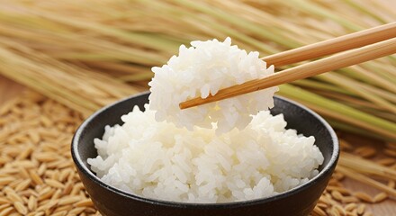 A close-up view of cooked rice being picked up with chopsticks.