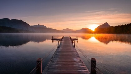 Naklejka premium a serene scene featuring a wooden dock at sunset with soft hues of orange and pink surrounded by misty mountains