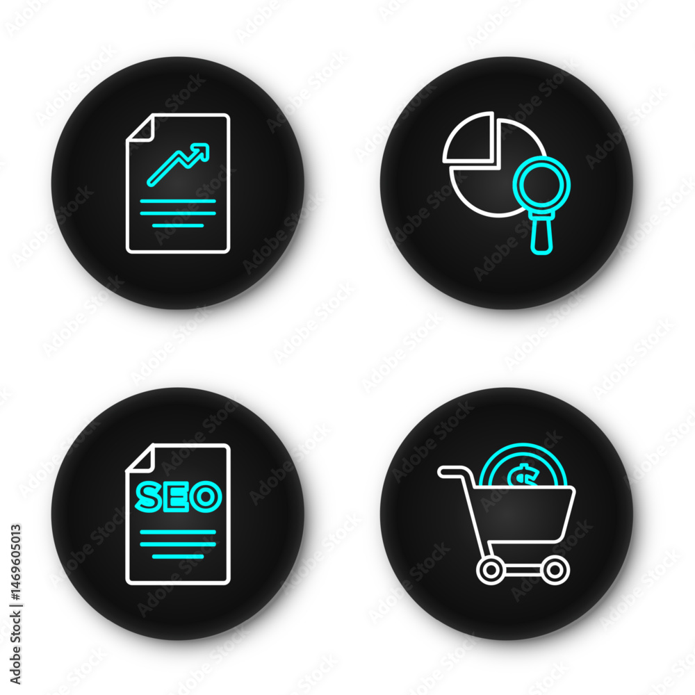 Poster set line shopping cart and dollar, seo optimization, magnifying glass analysis and document with gra