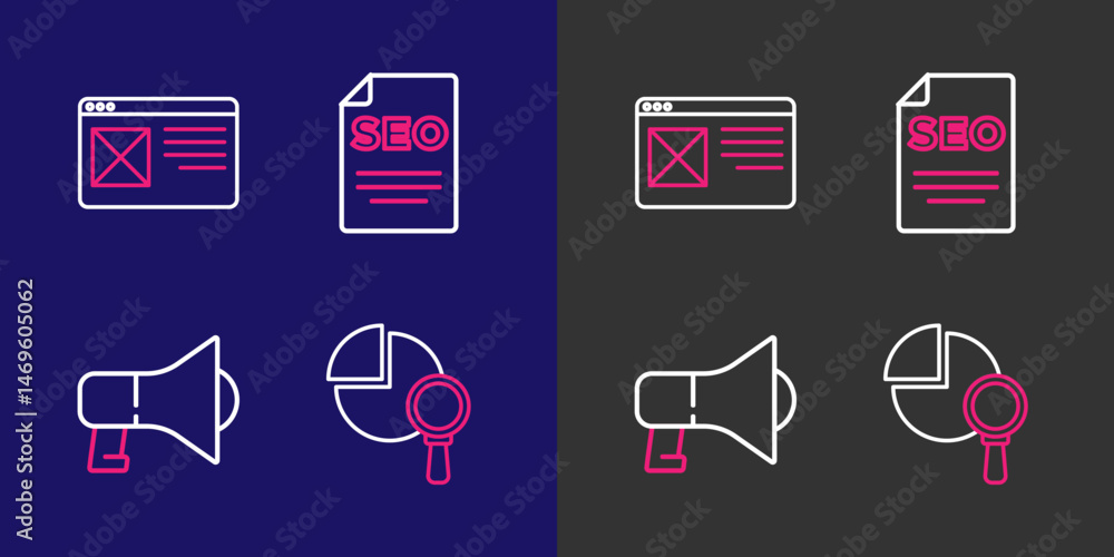 Poster set line magnifying glass and analysis, megaphone, seo optimization and browser window icon. vector