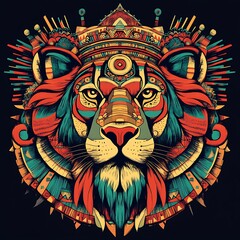 Ornate Lion Crown, Tribal Art, Dark Background, Apparel Design