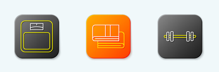 Set line Bathroom scales, Towel stack and Barbell icon. Vector