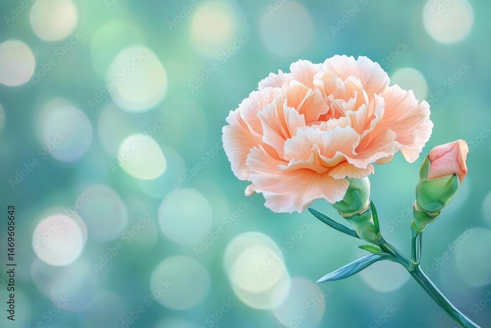 Poster a close-up of a delicate peach carnation flower with a bud, set against a soft bokeh background
