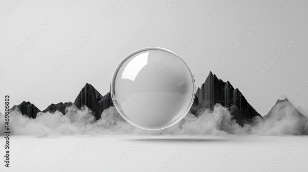 Poster a transparent sphere floats above a mountain range, creating a surreal landscape.