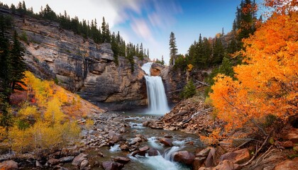 photograph of alluvial fan falls in the rocky mountains during the fall season