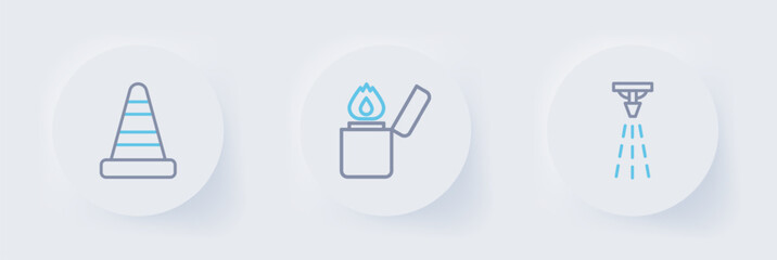 Set line Fire sprinkler, Lighter and Traffic cone icon. Vector