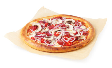 Tasty pizza with smoked sausages and mushrooms isolated on white