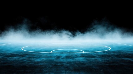 A blue basketball court with a white line down the middle.