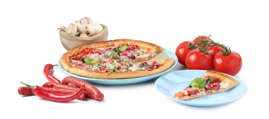 Tasty pizza with thin smoked sausages and ingredients isolated on white