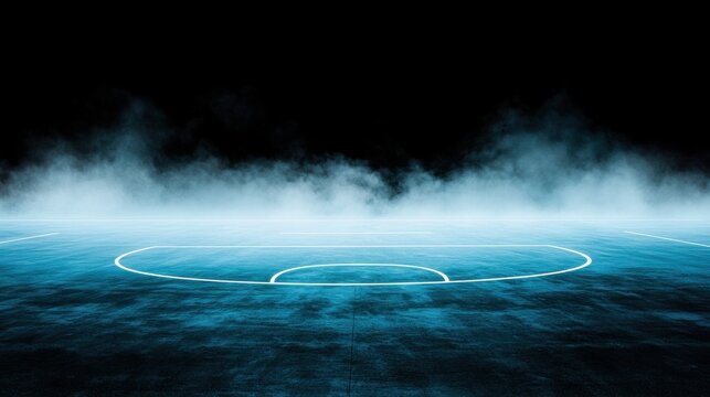 A blue basketball court with a white line down the middle.