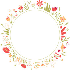 Floral Border with Summer Flowers and Leaves. Green, Red and Yellow Colors on Transparent Background