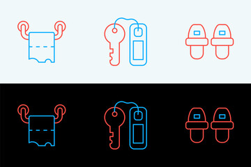 Set line Hotel slippers, Toilet paper roll and door lock key icon. Vector