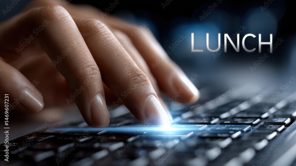 Poster a hand is typing on a keyboard with the words lunch written below it