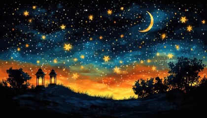 Fototapeta premium Starry night landscape with lanterns